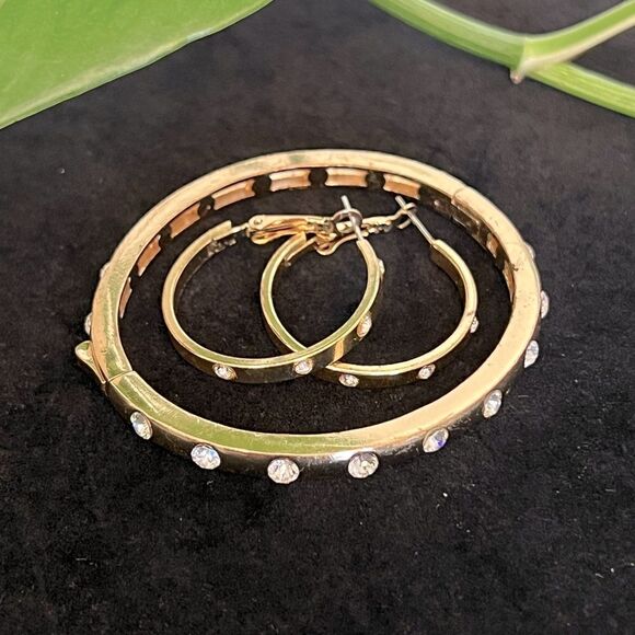 Gold-Tone and Crystal Studded Bracelet and Earrings Set - Picture 1 of 4